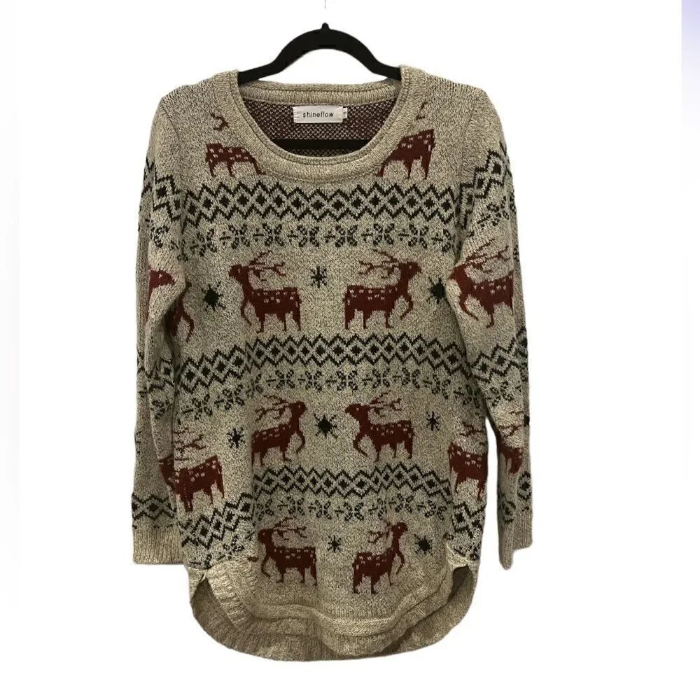 Shineflow Reindeer Patterned Knit Sweater Long Beige Red Small - Picture 2 of 13
